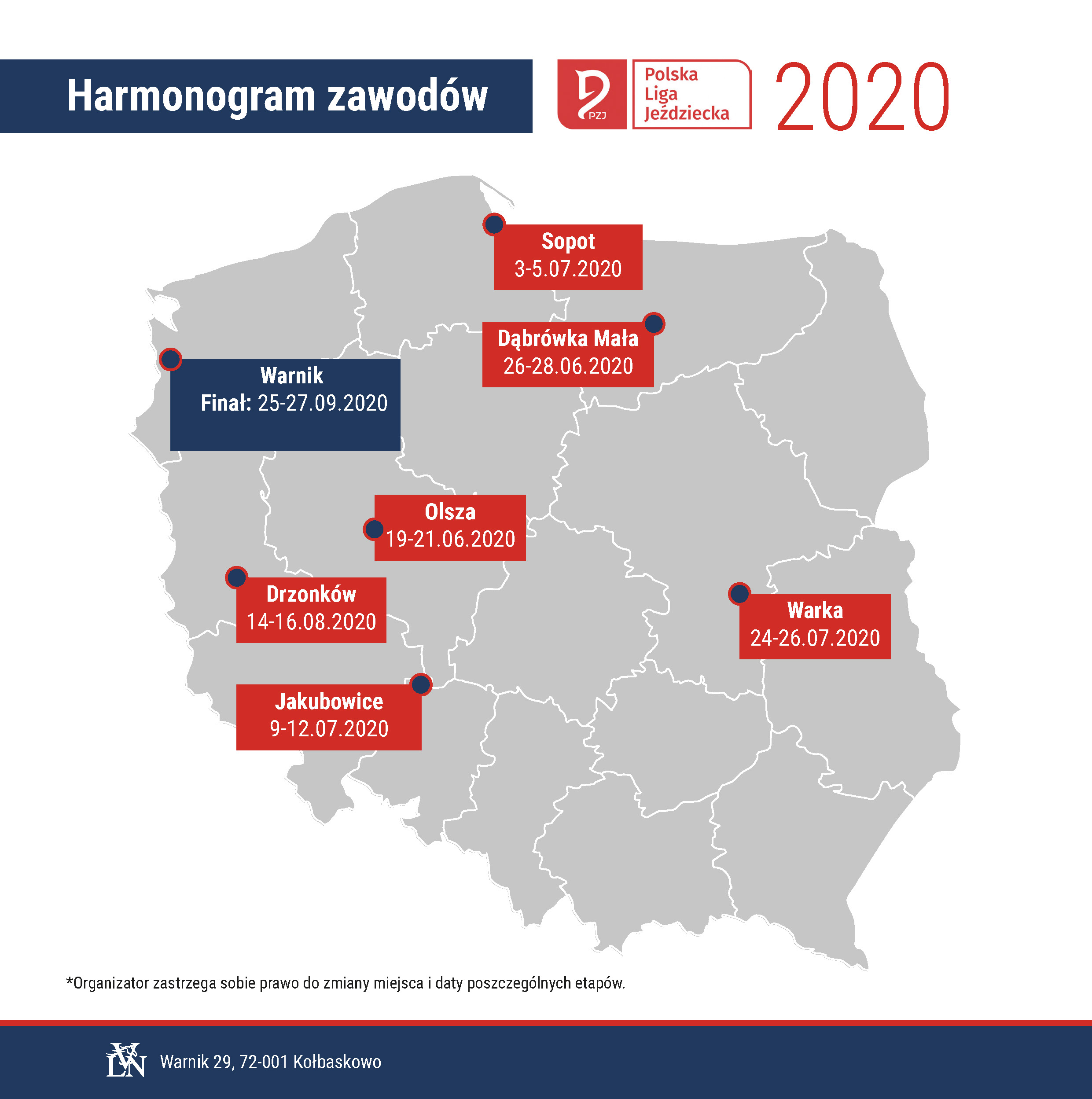 Aktualny kalendarz rozgrywek  Polskiej Ligi Jeździeckiej  2020.